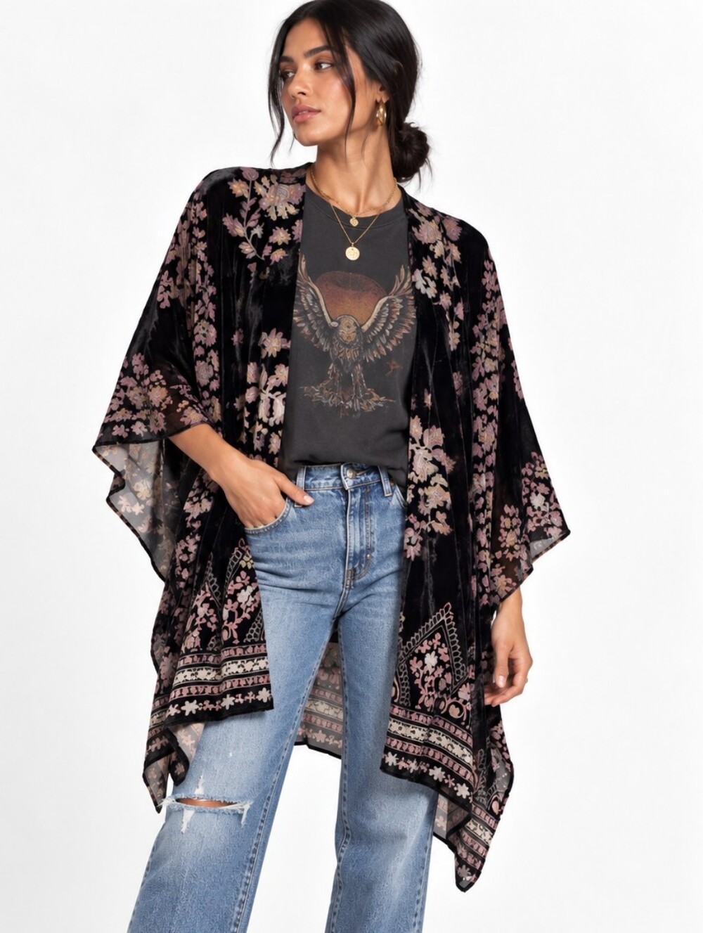 Good Hart by Matilda Jane Black Velvet Floral Kimono Duster XS/S